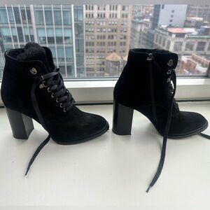 Black fur ankle boots. Made in Italy. Size 40.5. 3 3/4 inch heels!